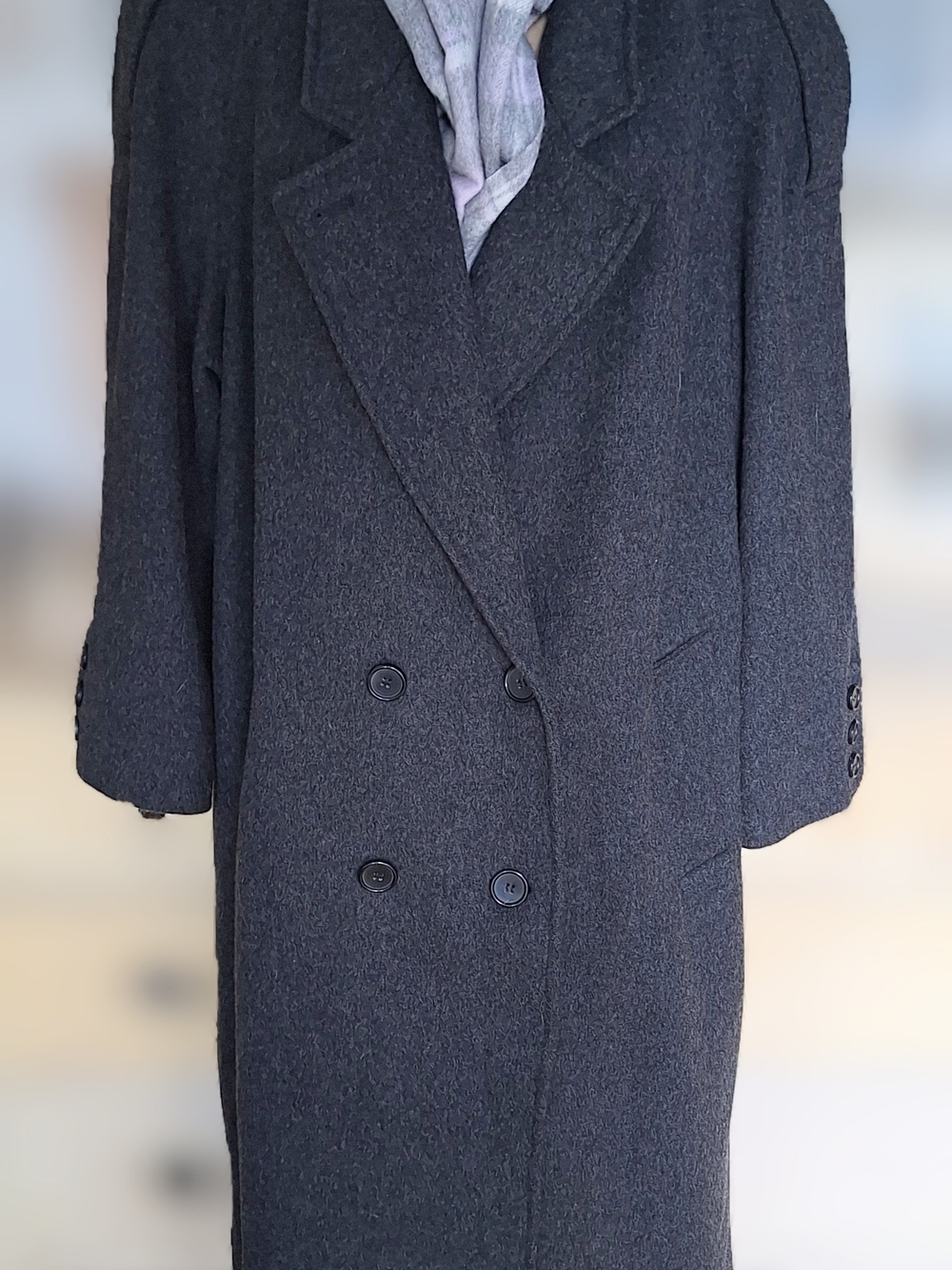 Excell 100% Wool Womens Double-Breasted Long Coat Jacket, Charcoal Gray Pockets